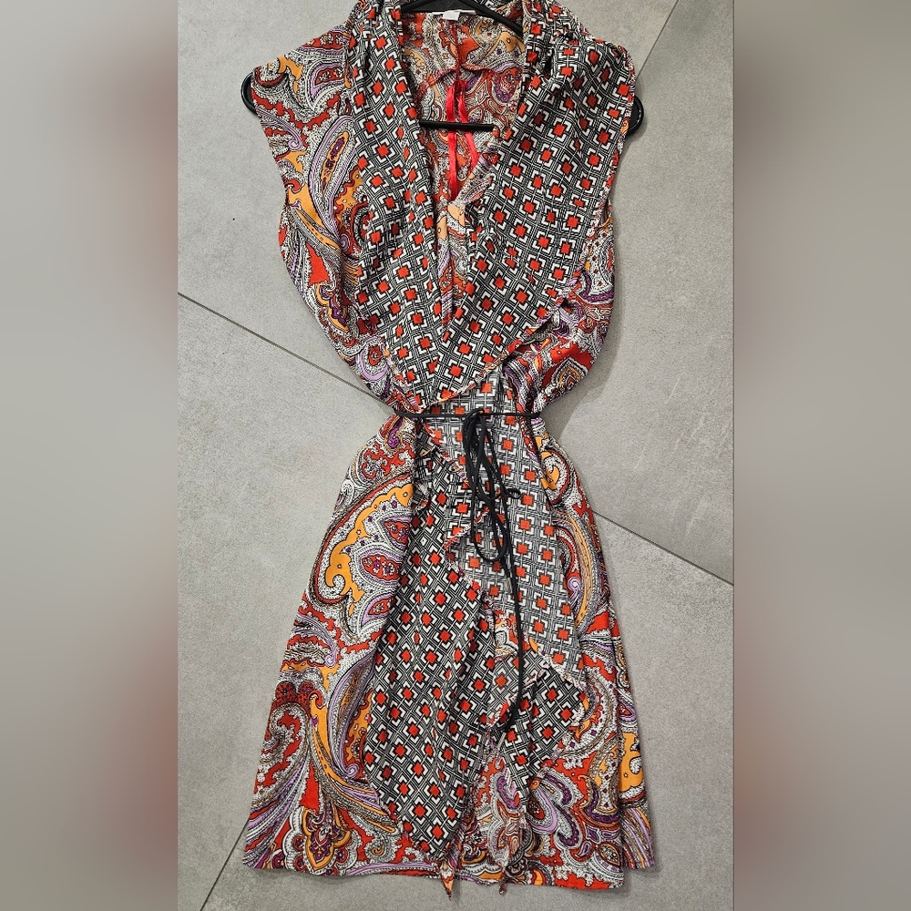 New York & Company Paisley and Geometric Midi Dress - Red, Black, Orange